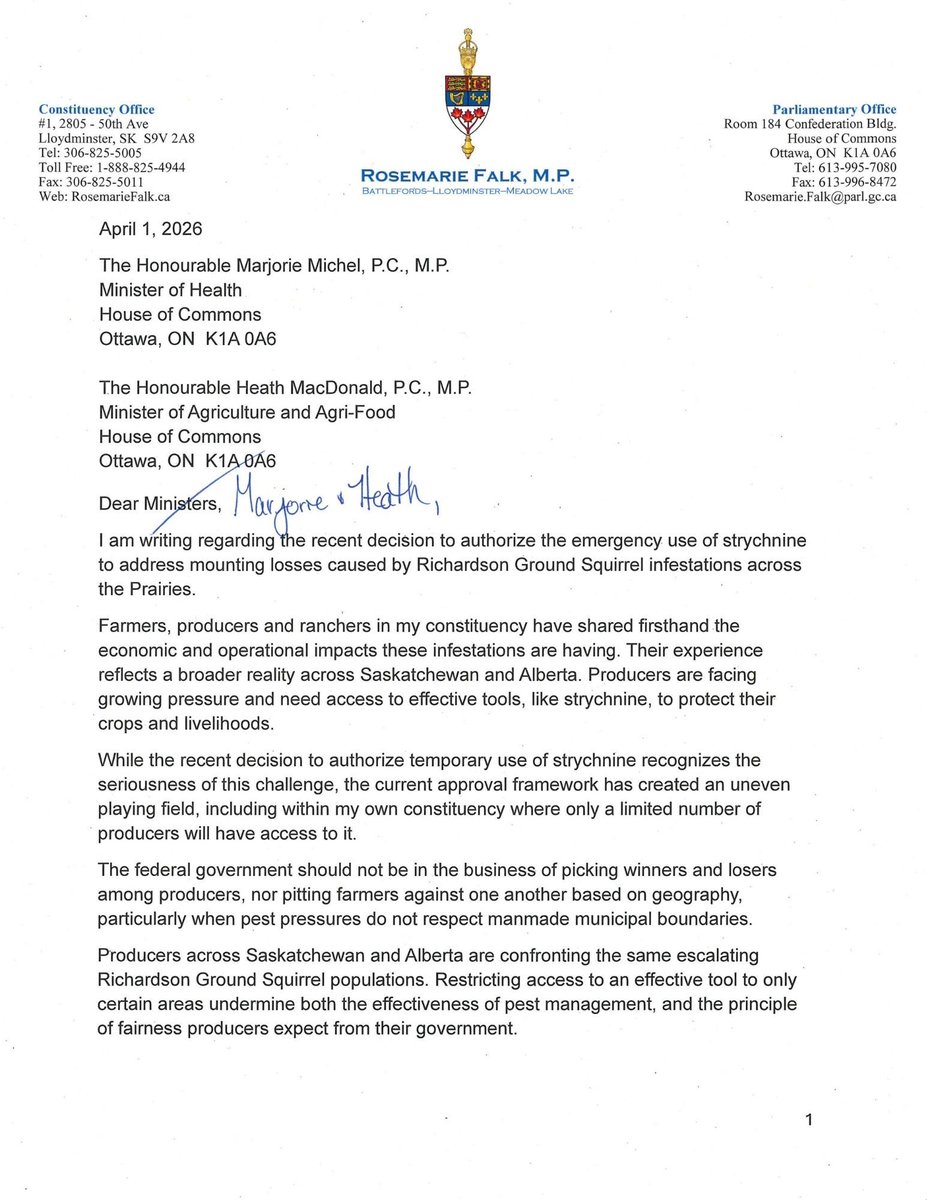 rosemarie_falk's tweet photo. The federal government should not be in the business of picking winners and losers among producers. Here’s my letter to the Hon @MarjoriePLC, Minister of Health and the Hon Heath MacDonald @CornwallHeath, Minister of Agriculture on the recent decision regarding strychnine use. https://t.co/8kfQlLSzJv