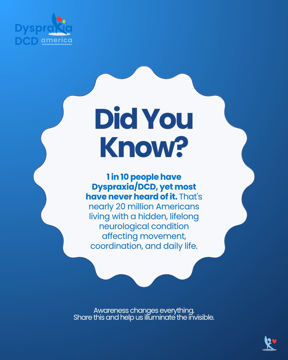 DDCDAmerica's tweet image. Dyspraxia/DCD affects movement, coordination, and so much more — from writing and getting dressed, to processing information and managing daily tasks. It looks different in every person, at every age.

Help us illuminate the invisible.

#Dyspraxia