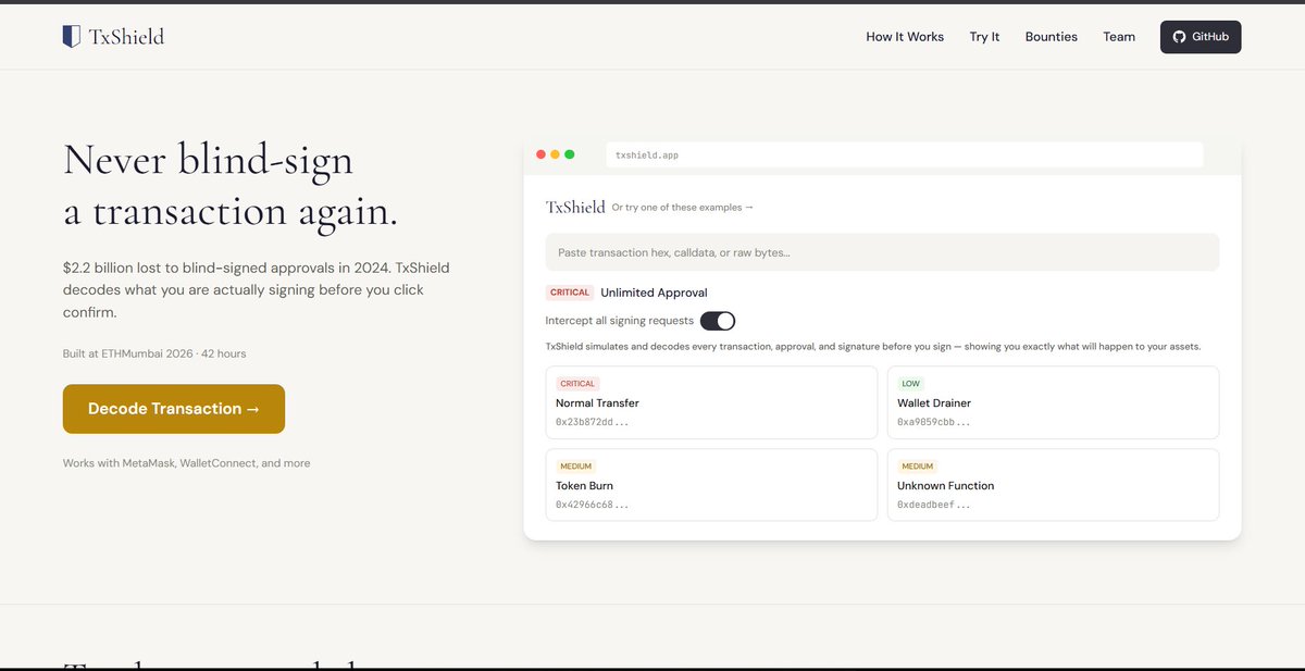 <a href="/devfolio/">Devfolio</a> 2/ Txshield by A+ CrazyHeads

Designed for Web3 users who interact with dapps and may not understand unlimited token approvals, contract interactions, or raw calldata giving them transparency and safety before they approve.

<a href="/smritashukla03/">Smrita</a> <a href="/pandey_vasu_/">Vasundhara Pandey</a> Aditya

Project link: