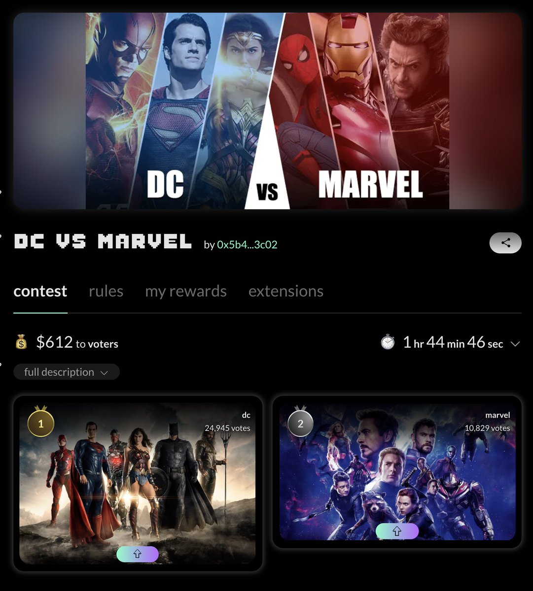 confetti_win's tweet photo. marvel vs DC? this is a comics account now💥

believe it or not DC is currently in the lead

voting is live now until 3pm ET

rewards jumped to $600💰in the first 15 min and will keep going up as people vote (voters made more than $11K last month)