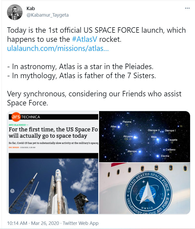 Alacon_Merope's tweet photo. Spot on with the seal, but it's much deeper. As @Kabamur_Taygeta has detailed, Space Force is a clean branch formed through Pleiadian contact. The badge is a signature of the alliance between Trump and the Galactic Federation. These benevolent forces, the biblical angels, are guiding us now for the upcoming Shift. It's a handshake in plain sight.