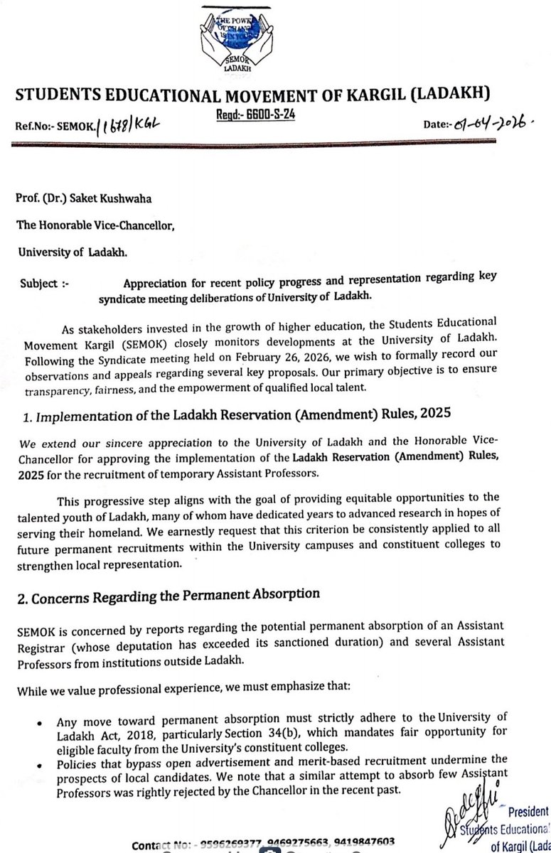 Semokladakh's tweet photo. #SEMOK stands for transparency, fairness & protection of local talent.
Support progress but no compromise on merit or open recruitment.
Justice & equal opportunity for Ladakh’s youth is non negotiable.
@lg_ladakh @LadakhSecretary @Haneefa_Jan @drajaffer #FairRecruitment https://t.co/V7BcGcFBdo