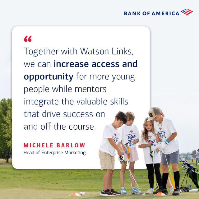 JEFoster01's tweet photo. Exciting news! @BankofAmerica is partnering with @WatsonLinks to expand the #BofAGolfWithUs program. Last year, we helped nearly 100K kids experience the sport, and now we’re connecting even more young golfers with mentors nationwide. https://t.co/Rr3yFZhqub https://t.co/hKJPEKFnRW
