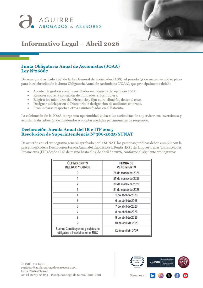 AAAabogados's tweet photo. Compartimos con ustedes nuestro Informativo Legal AAA Abril – 2026, en el cual se encuentran las principales obligaciones del mes.

Para mayor información sírvanse contactarnos a:
📩 sebastian.montes@aguirreabogadosyasesores.com
📞 (511) 717-6901. https://t.co/twoi9akZpO