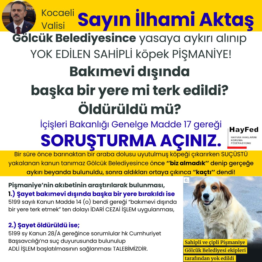 Kocaeli Valisi Sayın İlhami Aktaş, Gölcük Belediyesince yasaya aykırı alınıp YOK EDİLEN SAHİPLİ köpek PİŞMANİYE!
Bakımevi dışında başka bir yere mi terk edildi?
Öldürüldü mü?
İçişleri Bakanlığı Genelge Madde 17 gereği
SORUŞTURMA AÇINIZ.

Bir süre önce barınaktan bir araba dolusu