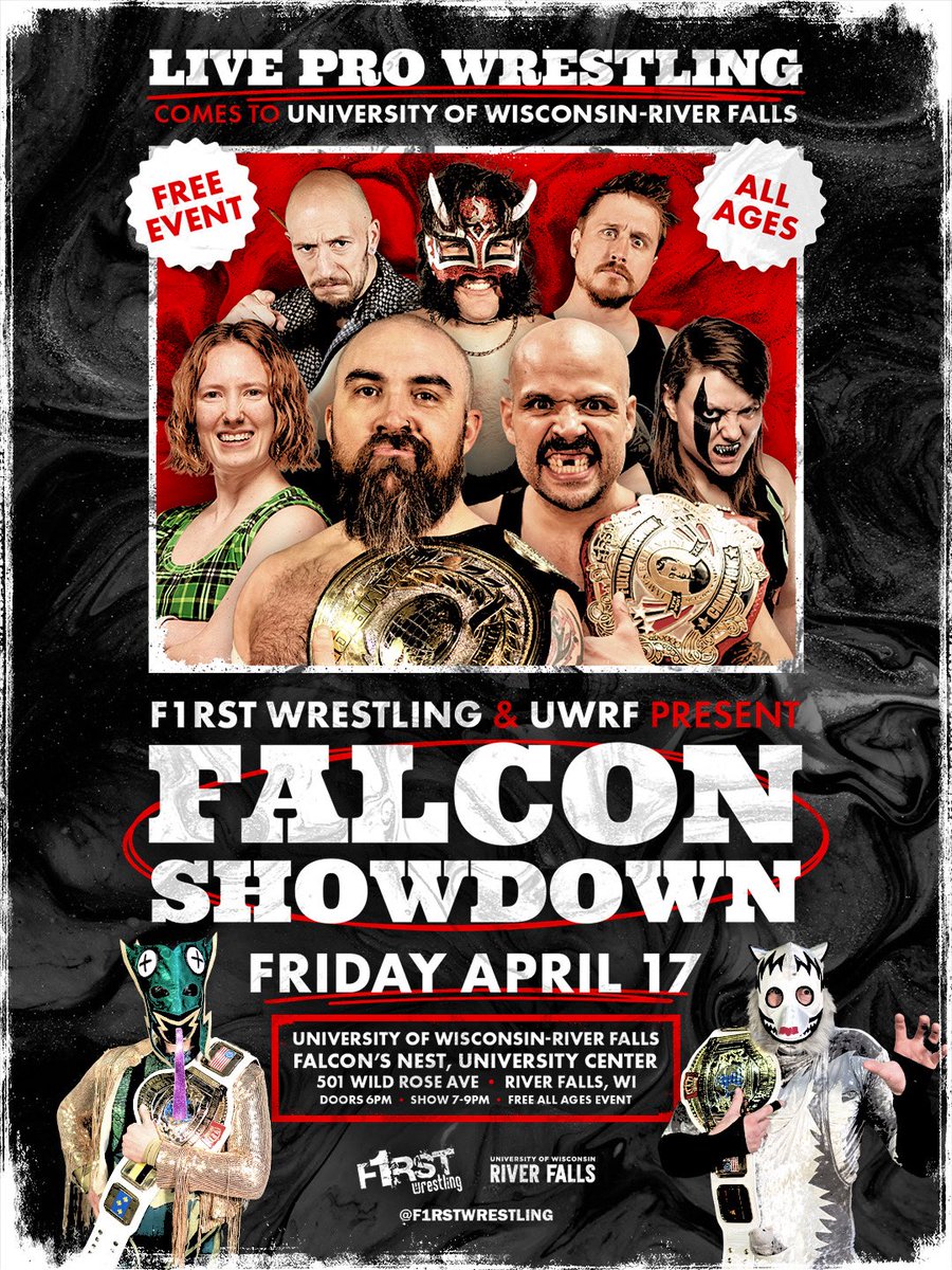 f1rstwrestling's tweet photo. 💥𝑭𝑨𝑳𝑪𝑶𝑵 𝑺𝑯𝑶𝑾𝑫𝑶𝑾𝑵💥

FRIDAY | April 17th
Falcon’s Nest, University Center 
River Falls, Wisconsin
Doors 6pm | Show 7pm
All Ages Welcome

🎟️THIS EVENT IS FREE🎟️ https://t.co/x5MUmeJkXi