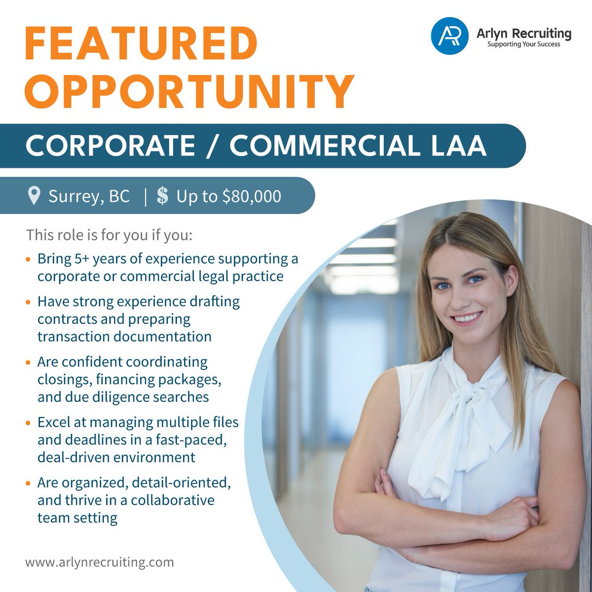 ArlynRecruiting's tweet photo. 📢 We’re hiring: Corporate / Commercial Legal Administrative Assistant

📍 Surrey, BC | 💰 $65K–$80K | 🚆 SkyTrain accessible

Work on deals from start to finish in a fast-paced team. Apply now 👇

https://t.co/lRNHjHzn65

#LegalJobs #SurreyJobs #CorporateLaw #NowHiring https://t.co/n4lO3JE4XH