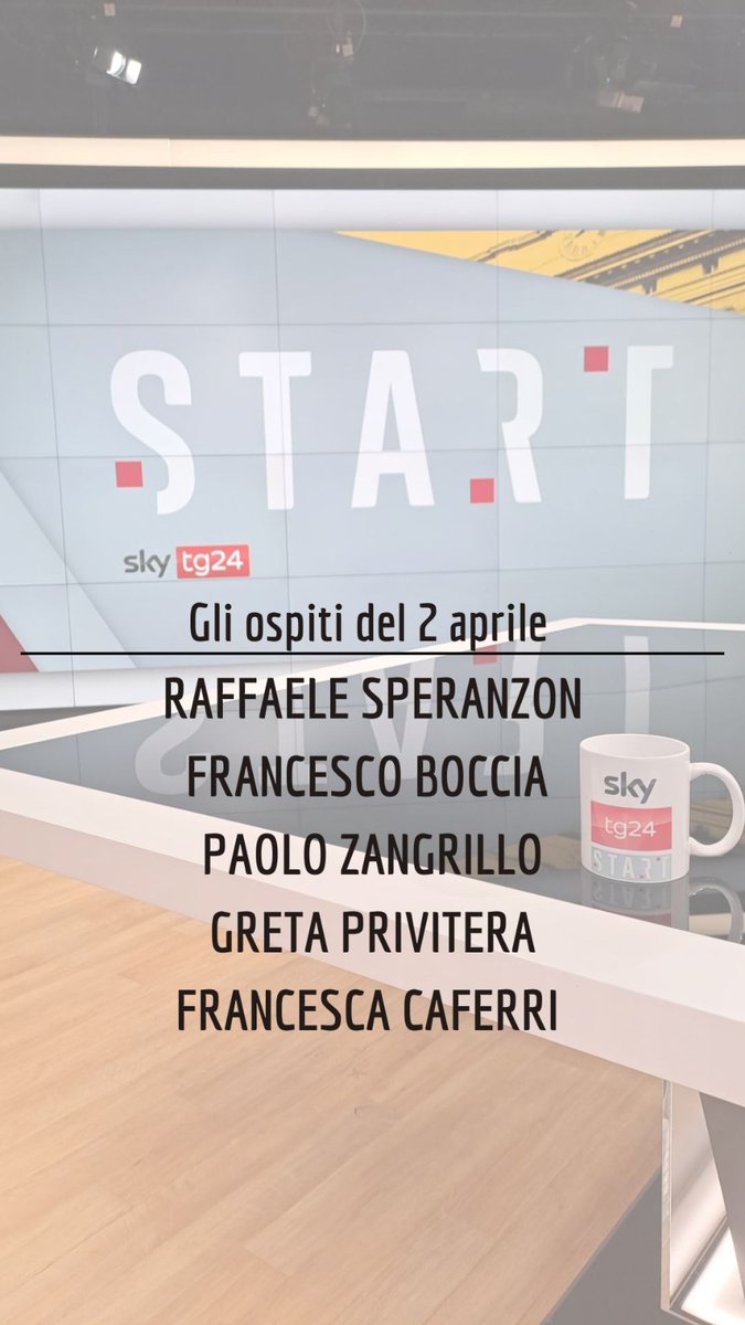 giopank's tweet image. Vi aspetto domani a #Start con i nostri ospiti @RSperanzon, Francesco Boccia @pdnetwork, @Paolo_Zangrillo, @GretaPrivitera e @francescacaferr. 
Come sempre dalle 9:30 su @SkyTG24!