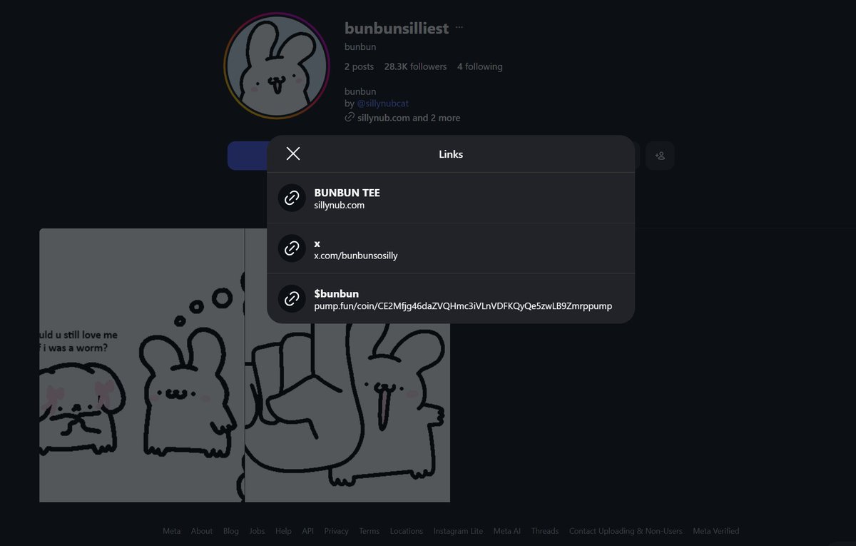cfm_sol's tweet photo. $bunbun 300k dyor      

CA:CE2Mfjg46daZVQHmc3iVLnVDFKQyQe5zwLB9Zmrppump

okx wallet:https://t.co/rpUYt0uPkS

axiom:https://t.co/0vX0IFeKSS

Token Narrative:On Instagram, there is a cartoon character created by sillynubcat, with the account name bunbunsilliest.

So far, only two posts have been shared, but each averages around 2,500 likes, and the account has gained 28.3 thousand followers.

In the bio of the bunbunsilliest account, there is a purchase link for the token as well as a link to the X account. The X account's bio also includes the token's contract address.

However, the token distribution is not ideal—the developer still holds 7.25%. The upside of this is that it makes it easier to push the price up. Given how strong the IP is, I doubt it ends here. I will keep observing and see if a good entry point appears.

The above is just my personal understanding and analysis and does not constitute financial advice. If you have other perspectives, feel free to discuss them in the comments.