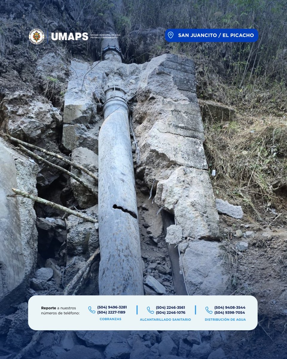umapsdc's tweet image. 💧🚧 Avance de emergencia

UMAPS continúa con la sustitución de la tubería dañada en la línea San Juancito – El Picacho, incluyendo obras hidráulicas y estructurales.

👷‍♂️ El sistema sigue operando según lo programado.

💙 Comprometidos con la población.
#UMAPS #EnAcción