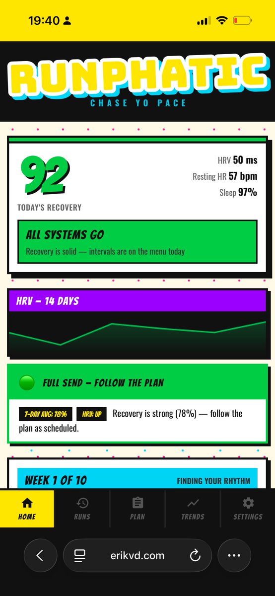 theerikvd's tweet photo. This was a fun build today!

Wanted to build a 90’s style running app that links to my whoop account so that it can adjust runs based on my recovery scores. Took quite some effort but managed to do it and it works really well! I like 90’s hip hop a lot and wanted to bring that into the theme a bit, so named it Runphatic. 

It’s featuring a 10 week 0-5k program focused on elevating hrv and improving vo2max and does two runs a week. 

Lets see where my vo2max and hrv are at in ten weeks!

Wanna try it too? Check it here: https://t.co/UvokZaqATo
