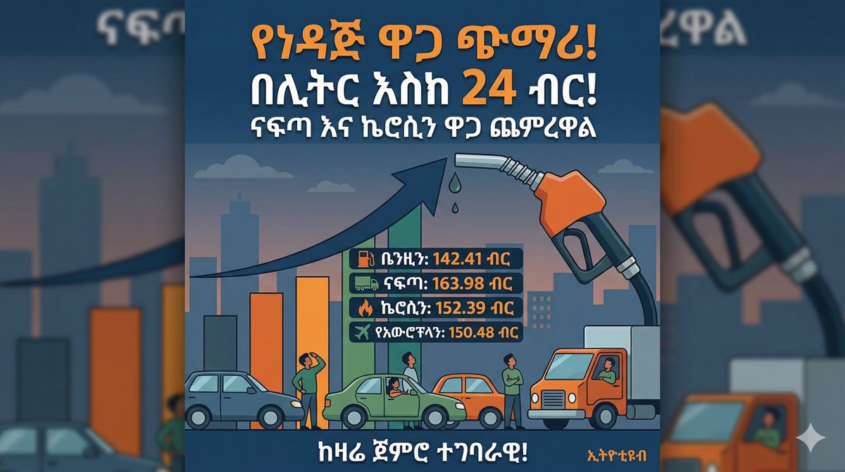 EthioTube's tweet image. መንግሥት ከፍተኛ የአቅርቦት እጥረት ባጋጠመው የነዳጅ ምርት ላይ በሊትር እስከ 24 ብር የሚደረስ የዋጋ  ጭማሪ አደረገ

ለዝርዝሩ፦
facebook.com/share/p/1HsEVB…

#Ethiopia #AddisAbaba #FuelPrice #EthiopianEconomy #EthiopianNews #AmharicNews #EthioTube #Africa
