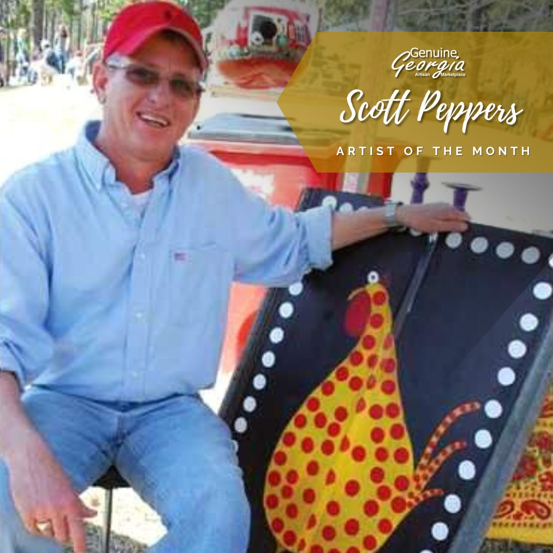 Our April Artist of the Month is Scott Peppers. 🎨

Scott started as a collector of folk art before becoming an artist himself. He is best known for his signature polka-dot style, often painting whimsical, bow-legged roosters on vintage tin along with other recycled materials.