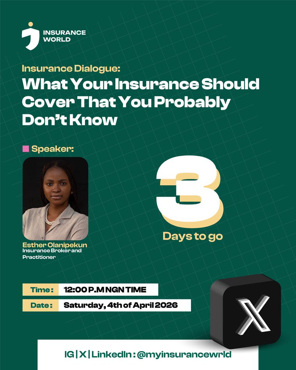 myinsurancewrld's tweet photo. Have you ever taken the time to read your insurance policy fully or you just say, “Well, I’m covered in the areas I need cover, I don't need to read all deets”?

That may be a real problem. Because there are things your insurance should cover
that nobody tells you and this is why you must be in attendance at our next X Space Session where we'd be getting enlightened on👇

"What Your Insurance Should Cover That You Probably Don't Know"

📅 Saturday, April 4 | ⏰ 12pm
📍Live on X: https://t.co/rQqAmktgoJ

Click on the link, set your reminder and come with your questions.

Follow @myinsurancewrld NOW to stay updated
-
-
-
#insurance #whatyoushouldknow #riskmanagement #risk #myinsuranceworld #insuranceworld #nigeria #financialwisdom #insuranceawareness #financialliteracy #protectyourfuture #insuranceeducation #financialsecurity #moneymatters #smartmoney #naijafinance #wealthbuilding #ﬁnancialfreedom #learnon #xspace #moneytip