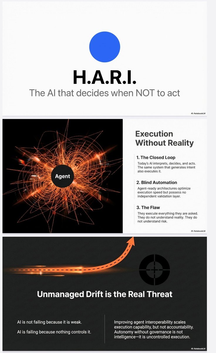 IulianiMax's tweet photo. We don’t have an AI problem.

We have a control problem.

Every system today is optimized to answer,
to generate,
to execute.

Almost none are designed to stop.

And that’s where things break.

Not because the models are weak,
but because nothing is governing what happens
once execution begins.

This is what we’ve been building with H.A.R.I.

Not another model.
Not another interface.

A governance layer.

A system that doesn’t ask
“What is the best answer?”

But something much more dangerous:

“Should this action happen at all?”

Because in the real world,
the difference between intelligence and damage
is not knowledge.

It’s validation.

H.A.R.I. exists at that exact boundary.

Not to make AI smarter.

To make it accountable.

#AI #ArtificialIntelligence #AIGovernance #AIControl #AIInfrastructure #SafetyByDesign #ResponsibleAI #AIRegulation #FutureOfAI #DeepTech #TechInnovation #HARI #SLAMXP
