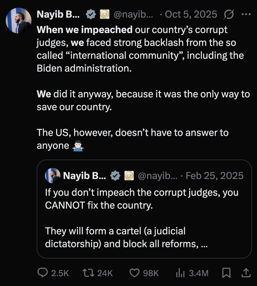 Una lección muy importante del G.O.A.T. Bukele es que hasta no purgar por completo el sistema judicial como el hizo no se va a poder avanzar con reformar económicas profundas ni dejar a los delincuentes adentro de las cárceles

Como aclara, son un cartel, una dictadura judicial.