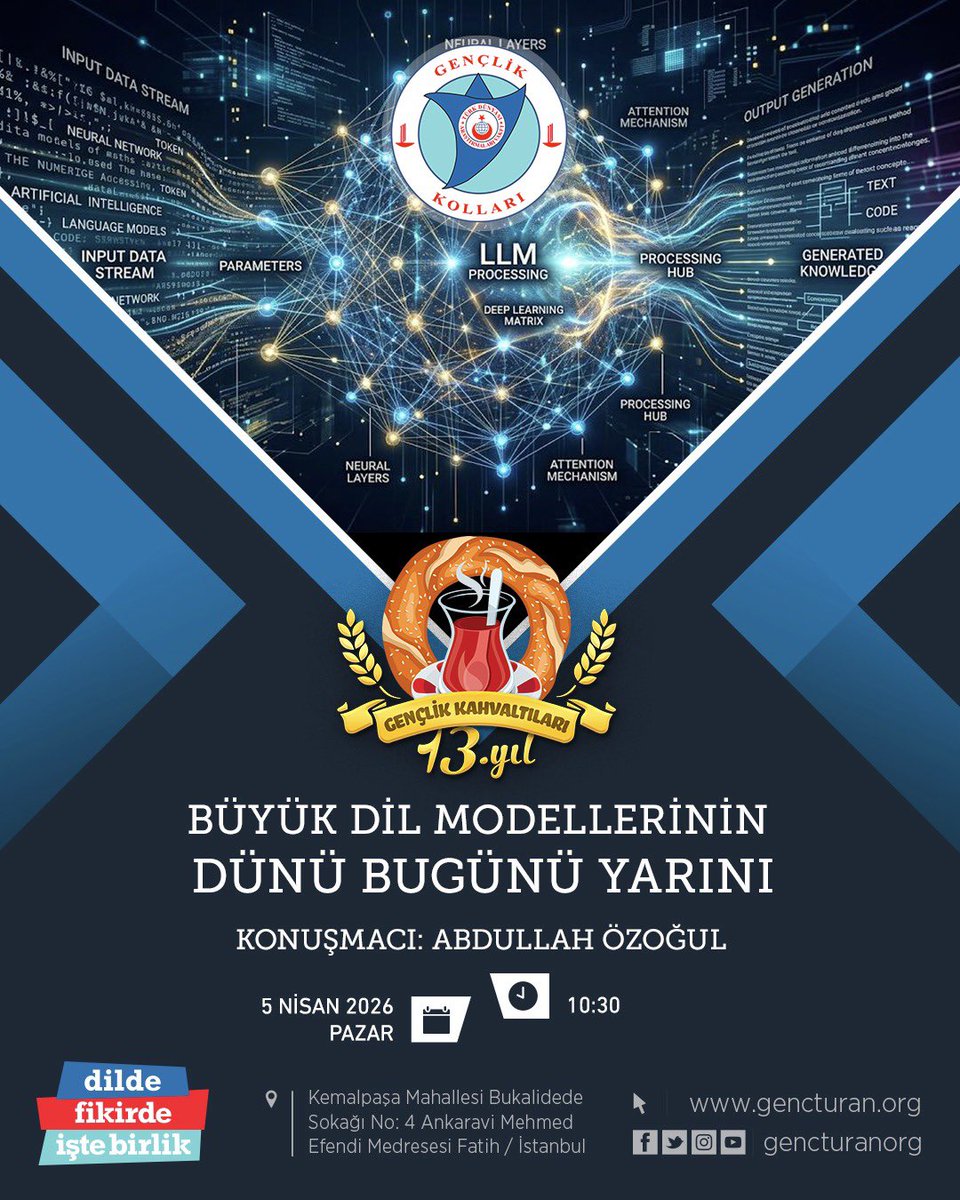 gencturanorg's tweet photo. Bu haftaki pazar kahvaltımızın ardından Gençlik Kolları Yönetim Kurulu üyesi Abdullah Özoğul “ Büyük Dil Modellerinin Dünü Bugünü Yarını” başlıklı sunumunu gerçekleştirecektir. Tüm vakıf dostlarımızı kahvaltımıza bekleriz. https://t.co/Dlkc9zWnkJ
