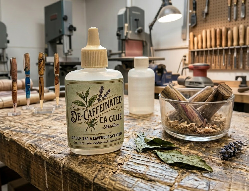 “De-Caffeinated” CA Glue 🌿
All the instant bond, none of the eye-watering drama. Now infused with Green Tea &amp; Lavender-sticking your fingers together in 0.2 seconds should at least feel like a spa day. 
Save 5% and use promo code JOKE at checkout!
😌 #WoodTurning #AprilFools