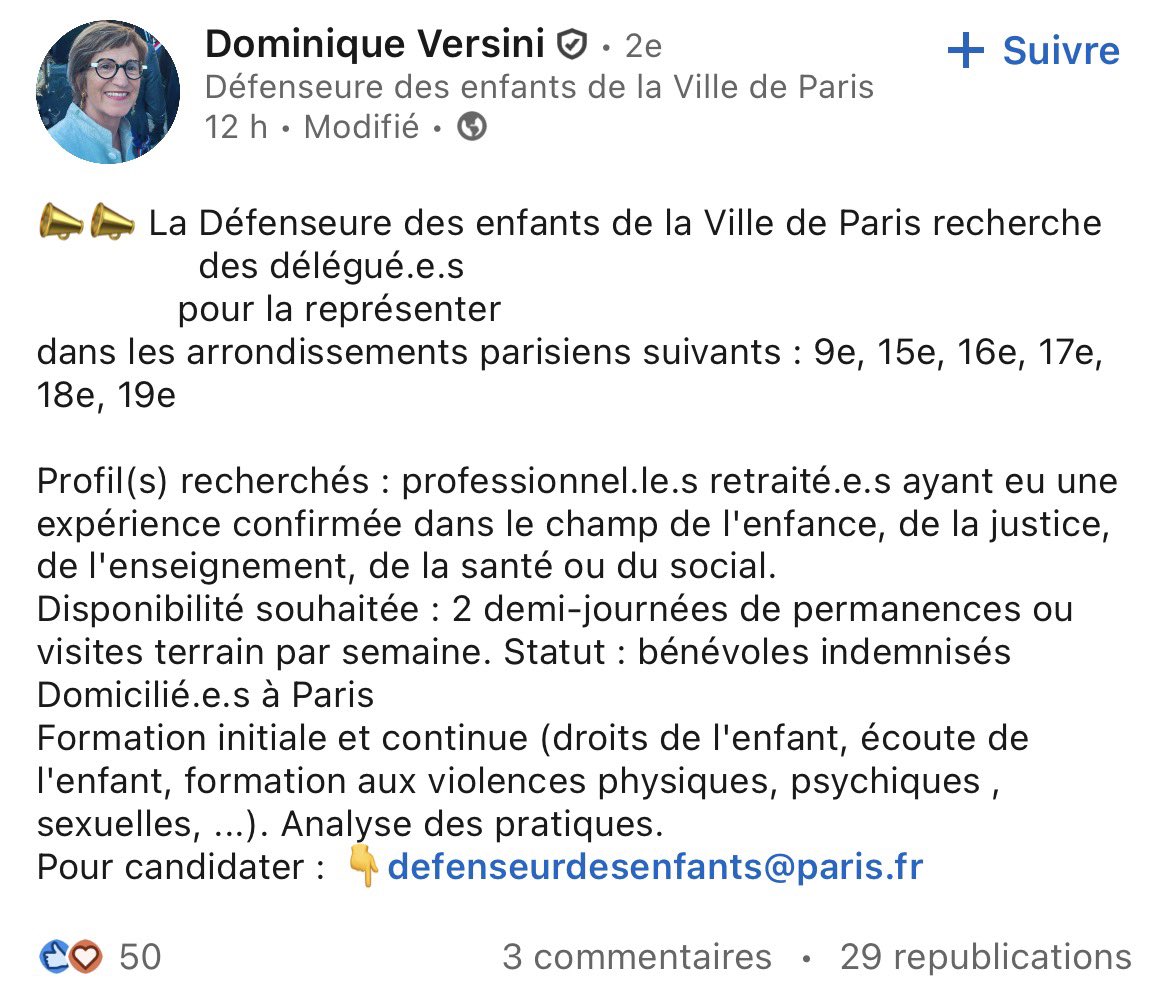 On parle de défendre les enfants à Paris … et on mise sur des bénévoles retraités recrutés sur <a href="/LinkedIn/">LinkedIn</a> ? 😳 
Où est l’urgence, où sont les moyens ? 
Grégoire qui avait promis que ce serait une priorité de son mandat …
C’est honteux de traiter ce sujet avec une telle légèreté.