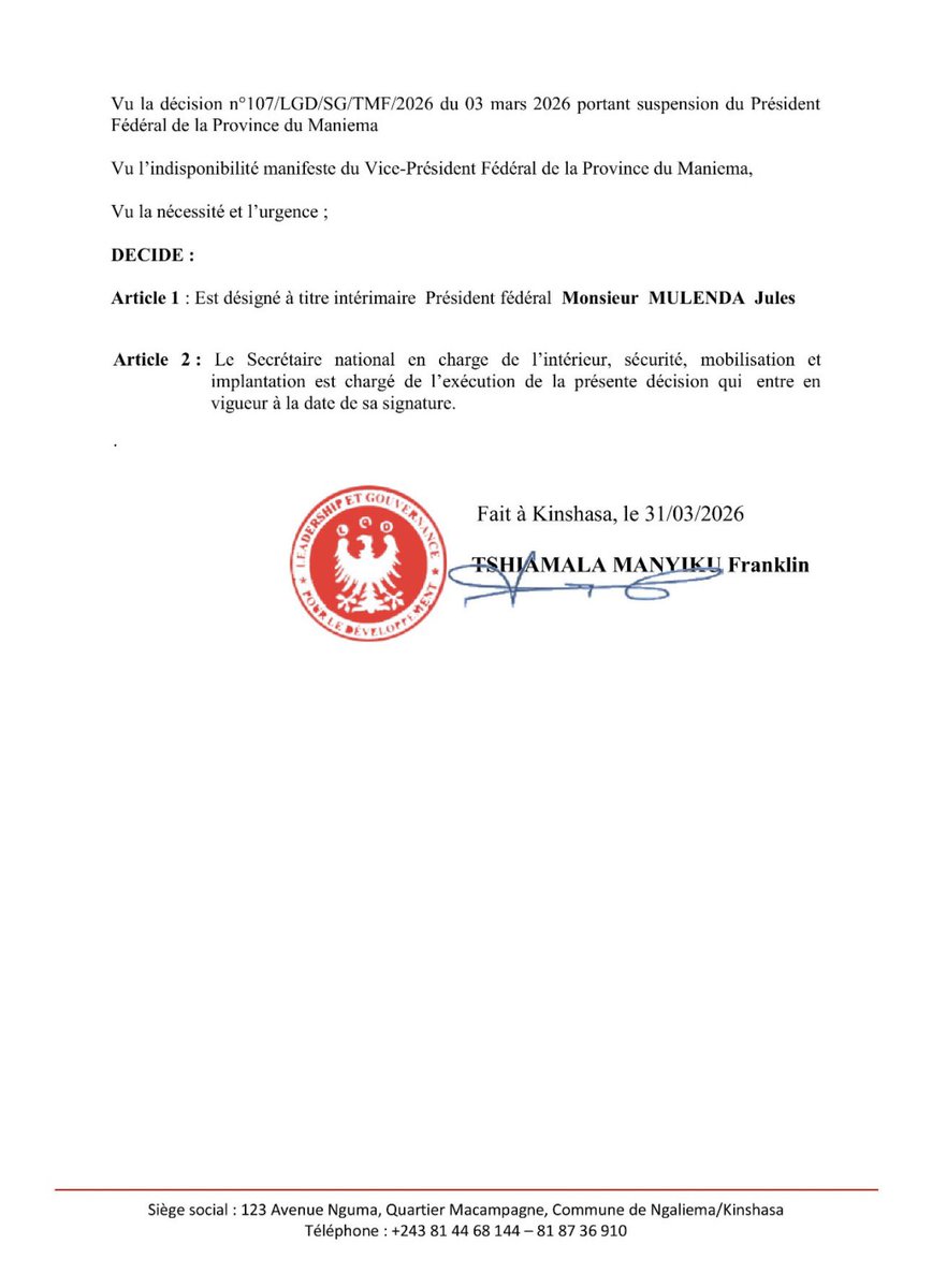 LgdFederation's tweet photo. Le Secrétaire Général Francklin TSHIAMALA (@tshiamanyiku) a décidé de nommer M.Jules MULENDA président fédéral @LGD_RDC pour le Maniema. Nous félicitons chaleureusement le camarade Jules  pour cette nomination méritée. Bienvenue dans le club des leaders, parti cher @Mapon_Matata https://t.co/Tz3cXIJqJG
