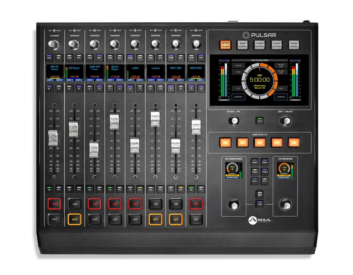 TelosAlliance's tweet photo. 𝗠𝗲𝗲𝘁 𝘁𝗵𝗲 𝗻𝗲𝘄 𝗔𝘅𝗶𝗮® 𝗣𝘂𝗹𝘀𝗮𝗿™ AoIP mixing console! 8 faders, expandable to 16. Powerful and capable enough for main studios; compact enough for newsrooms, sports venues &amp; backup studios. Debuting at @NABShow Booth #C1819.

https://t.co/PAFXNEY9iX https://t.co/5UJG43v15D