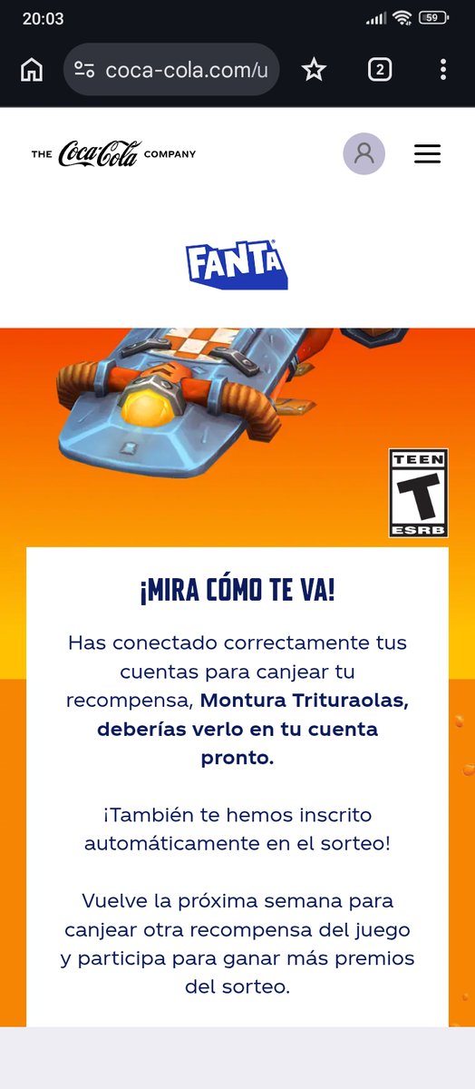 AncestroErrante's tweet image. 🫗REGALOS DE @fanta ACTIVADOS🫗

🚨Cada regalo tiene un tiempo de 1 semana, por lo que para tener todo necesitamos 3 semanas🚨

➡️Entra con tu móvil en coca-cola.com/us/es/ofertas/…
➡️Inicia sesión con tu cuenta de @CocaCola o crea una.
➡️Selecciona cualquier mini juego.
➡️Al