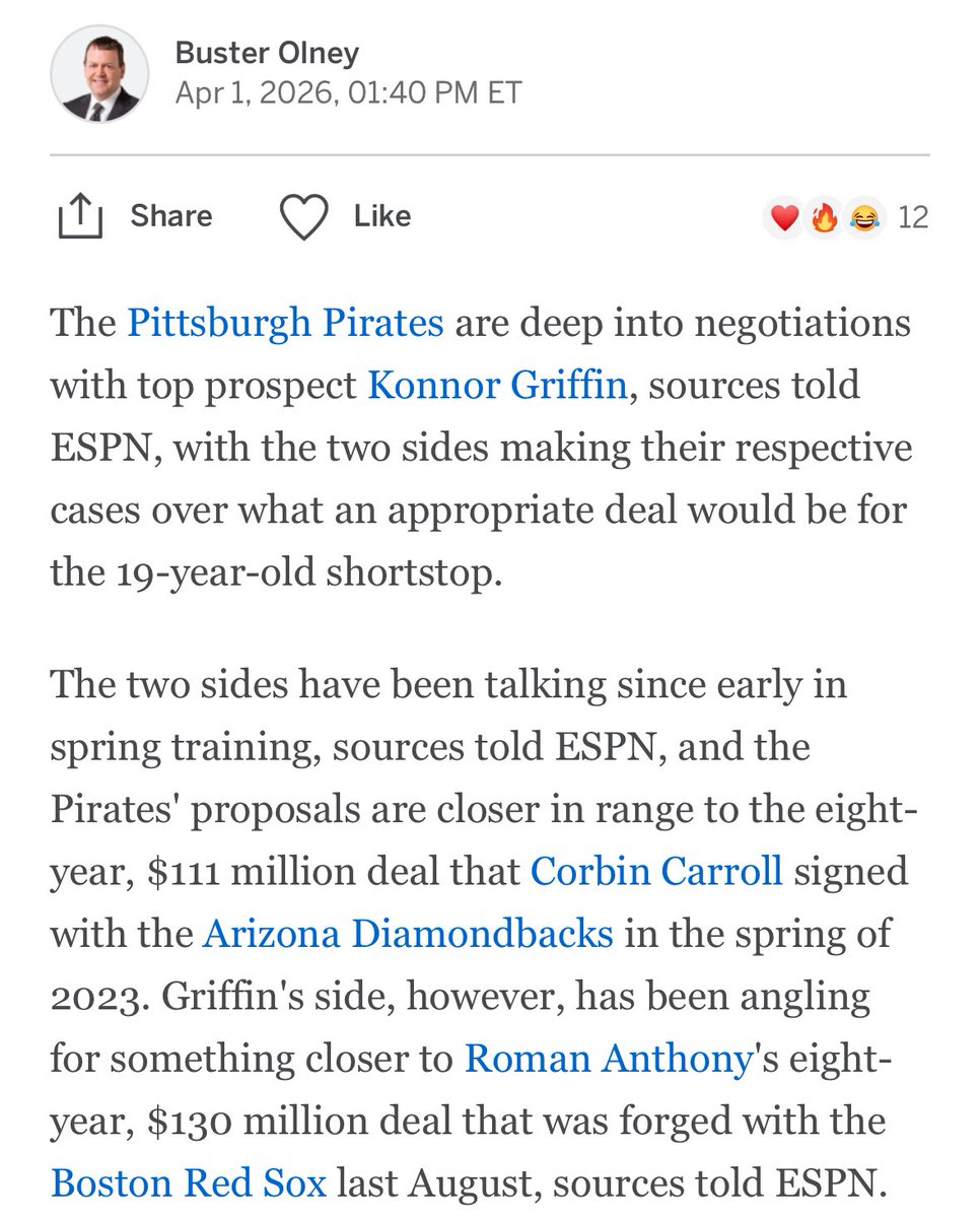 Buster Olney is reporting that the Pirates  and star shortstop Konnor Griffin are “deep into negotiations” on a contract extension.

Olney said the #Pirates are offering around eight years, $111 million. Griffin wants around the Roman Anthony deal.

⚾️⚾️ espn.com/mlb/story/_/id…