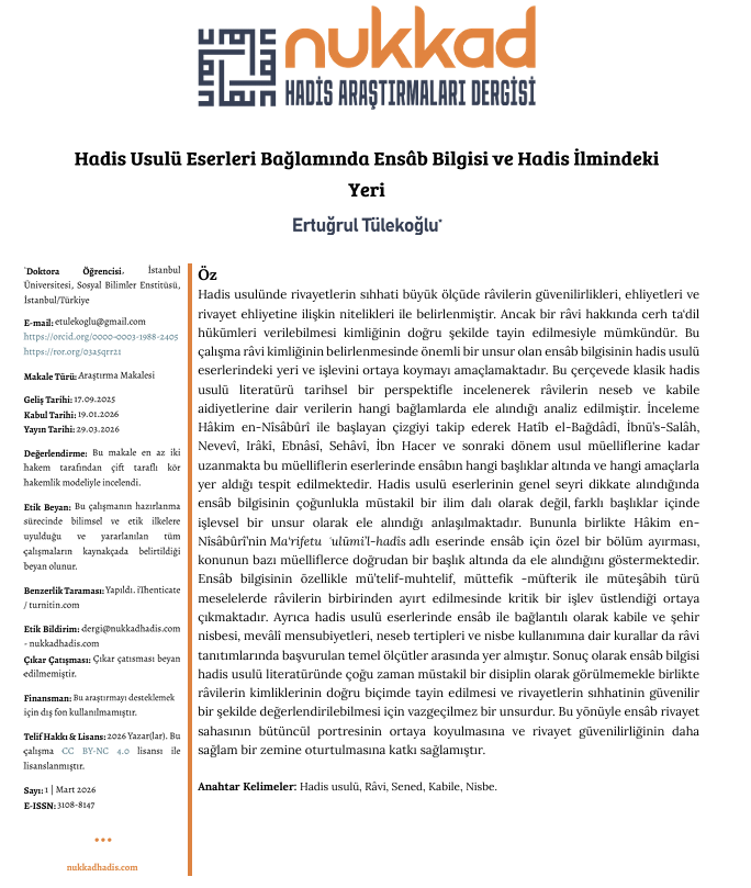nukkadakademi's tweet photo. Yeni Makale

Ertuğrul Tülekoğlu (@etulekoglu )

"Hadis Usulü Eserleri Bağlamında Ensâb Bilgisi ve Hadis İlmindeki Yeri"
"Genealogical Information in Hadith Methodology: Its Place in Hadith  Scholarship"

معرفة الانساب في مصنفات أصول الحديث ومكانتها في علم الحديث

Makaleye ulaşmak için: https://t.co/fFI5Ar8S5P