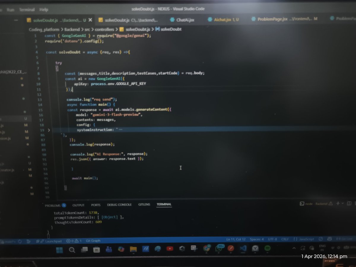 Nawani232's tweet photo. Day Progress 🚀 | Day 91/365
🏋️‍♂️ Gym – Legs
🤖 Finalized AI integration in LeetCode Clone
• Made some final tweaks
⚛️ Revised React
Polishing features + strengthening basics 💪🔥
#365DaysOfCode #React #Frontend #GenAI #LeetCodeClone #GymLife #DeveloperJourney https://t.co/nbfH8BQbaw