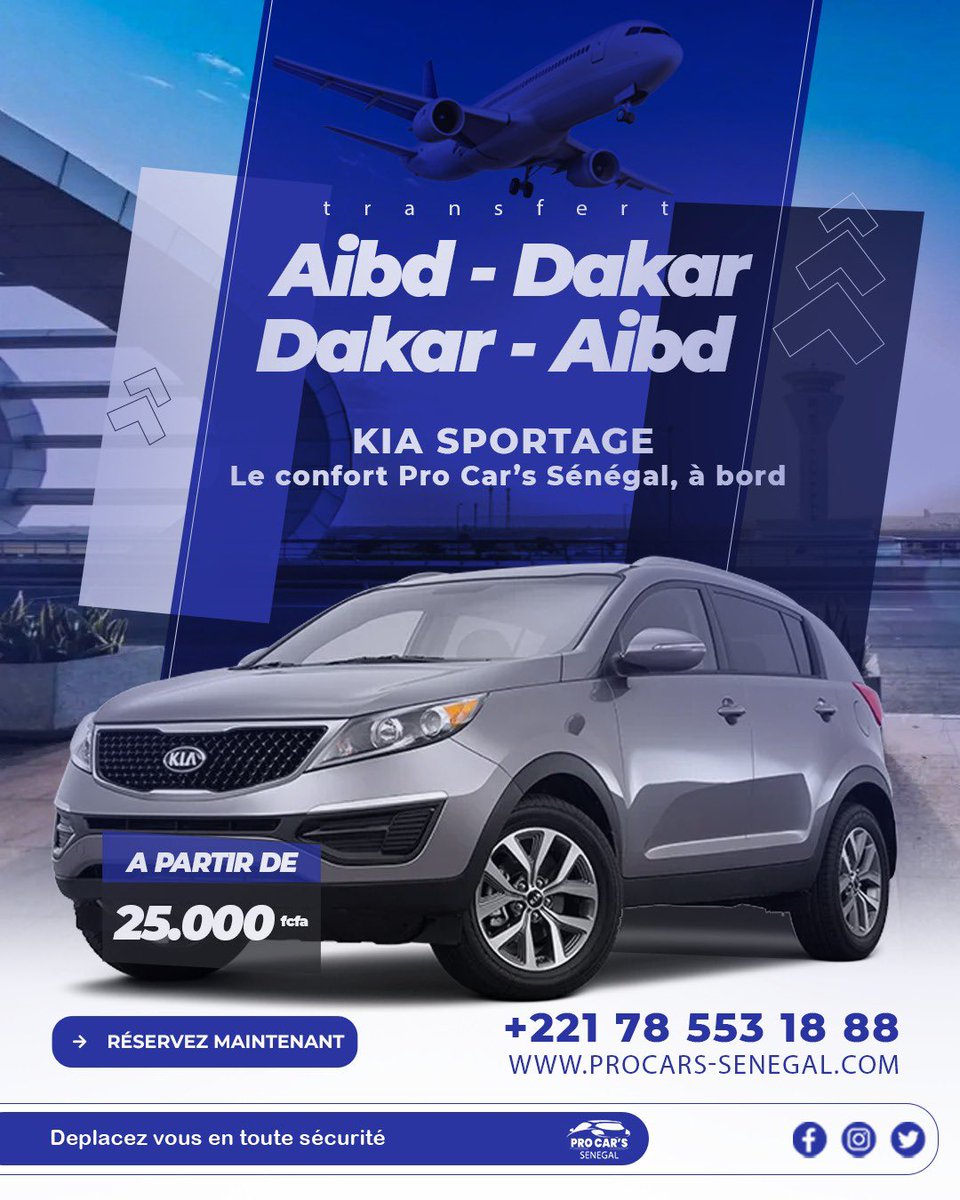 procars_senegal's tweet photo. AIBD ⇄ Dakar en tout confort !

Voyagez avec Pro Car’s Sénégal à bord du Kia Sportage, un SUV alliant élégance et confort.

À partir de 25 000 FCFA !
📲 Réservez dès maintenant sur https://t.co/lsQ6t4yHFZ ou contactez le +221 78 553 18 88

#dakar2026 #senegal #dakar #kebetu https://t.co/xhUIZdVbUj