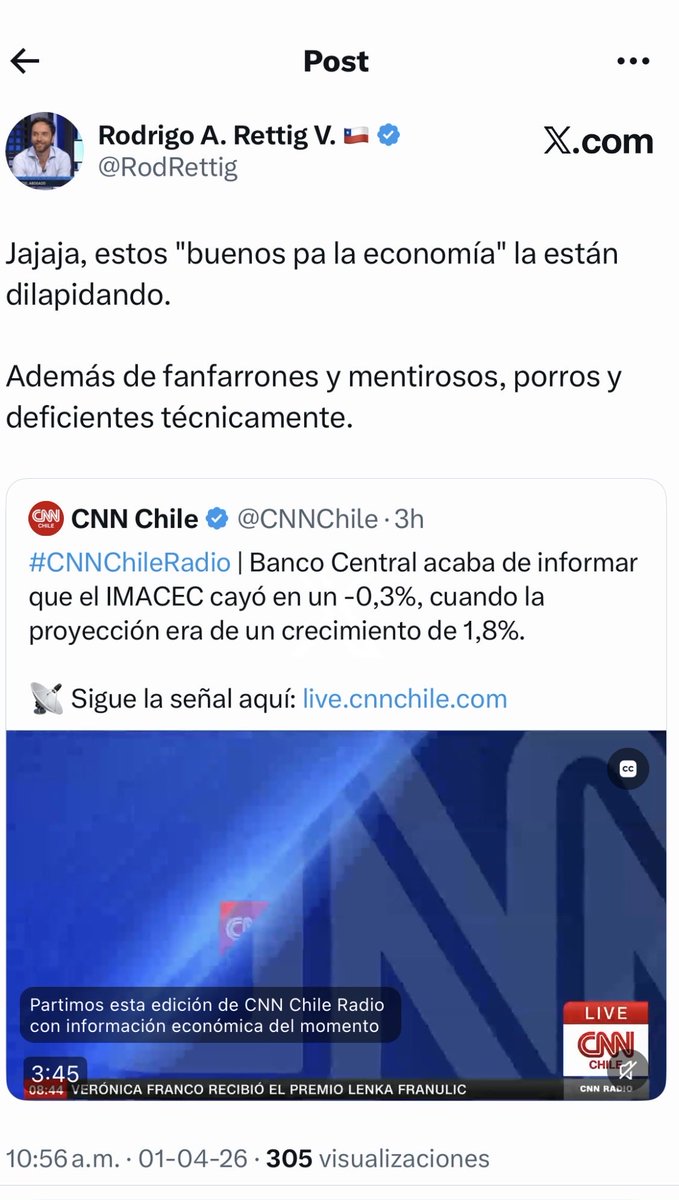 SotoFer73's tweet photo. Rettig es TAN hueón (no lo arrobo porque me tiene bloqueado) que salió el IMACEC de febrero y tiro un tuir criticando al actual gobiero.
Obvio que después lo borró, pero ese es el nivel del marsupial prehistórico. https://t.co/Ad4sVV2u94