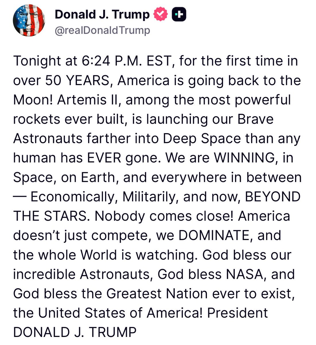 trump tweet sobre Artemis II