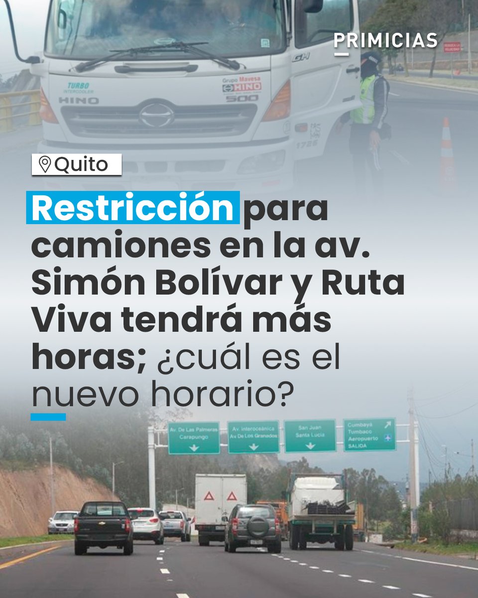 La decisión de ampliar el horario de restricción en la avenida Simón Bolívar y Ruta Viva apunta a reducir el número de accidentes de tránsito en Quito. prim.ec/Xn1m50YBViN