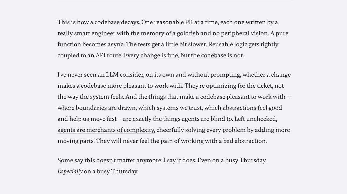 DanPhilibin's tweet photo. I wrote about a mundane agent PR I almost merged last week. it fixed the bug, passed review, and made the codebase a little bit worse. there was nothing remarkable about it...and that's kind of the point. https://t.co/KUaNx7a5nT https://t.co/mqYR4irHhM