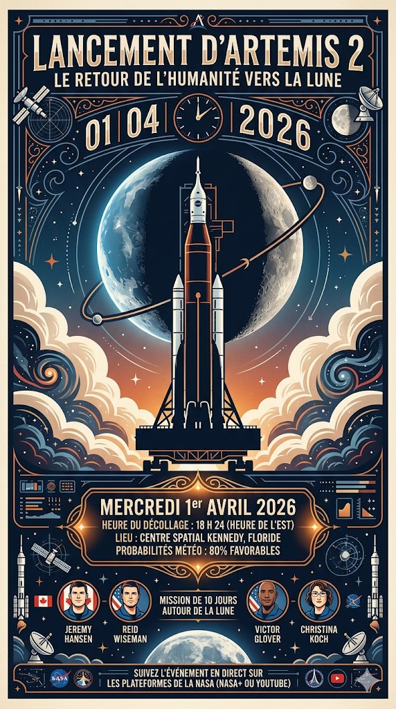 Ce soir, à 18 h 24 HE. Cette mission historique transportera quatre astronautes, dont le Canadien Jeremy Hansen, pour un vol de dix jours autour de la Lune. 🚀 🌖