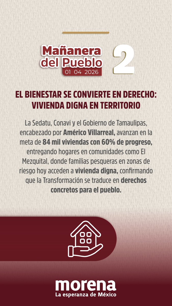 🏠 El bienestar se convierte en derecho: vivienda digna en territorio

La Sedatu, Conavi y el Gobierno de Tamaulipas, encabezado por Américo Villarreal, avanzan en la meta de 84 mil viviendas con 60% de progreso, entregando hogares en comunidades como El Mezquital, donde familias