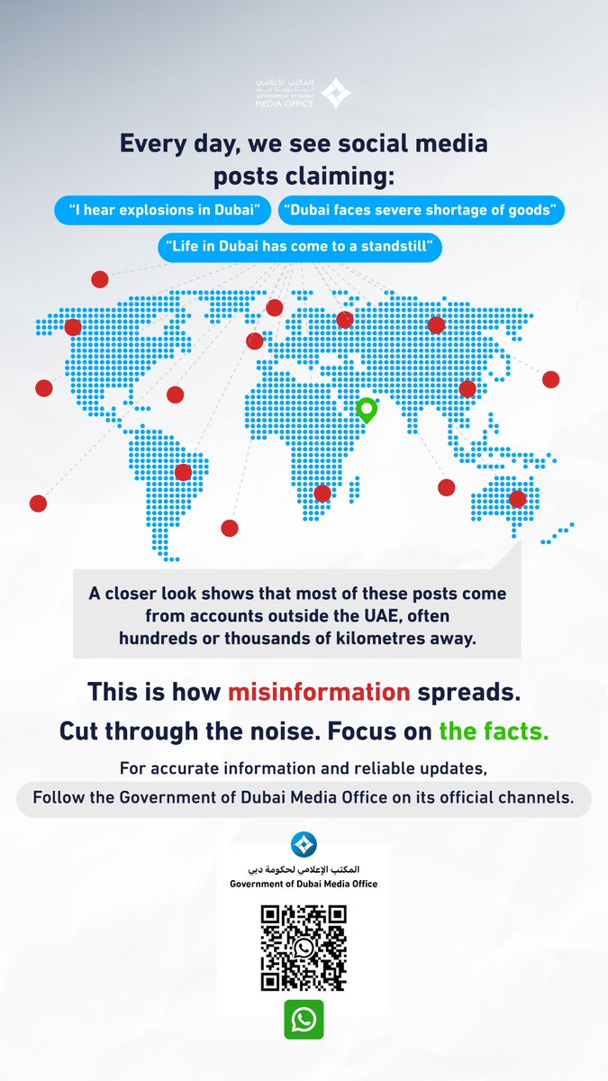 DXBMediaOffice's tweet photo. Misinformation and rumours spread fast.  

Stay informed. Stay with facts.   

For accurate information and verified updates, follow the Government of Dubai Media Office on its official channels. https://t.co/z2AJImlTsB