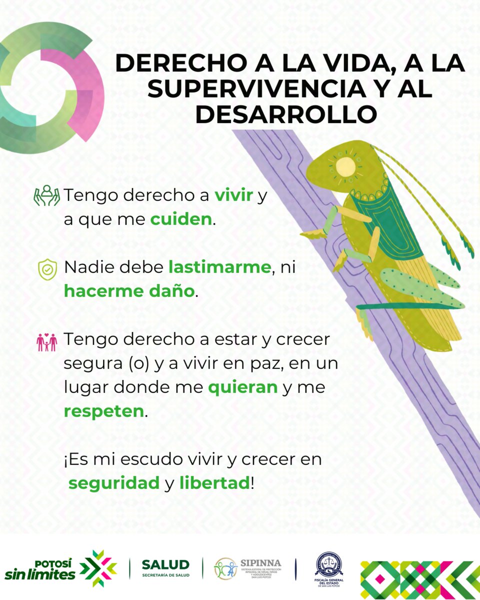 FiscaliaSLP's tweet image. Día 1 del Mes del Activismo por la Niñez, “Por Infancias y Adolescencias #SinLímites”.
¿Sabes cuáles son los derechos de niñas, niños y adolescentes en el estado de San Luis Potosí?
Hoy te explicamos el “Derecho a la Vida, a la Supervivencia y al Desarrollo”.