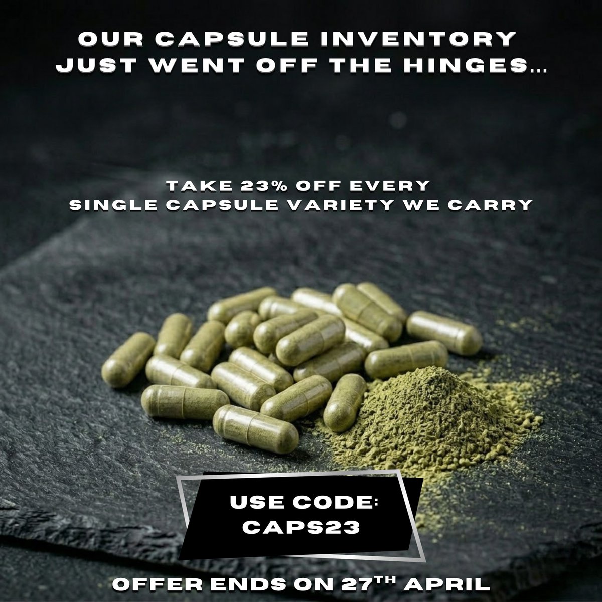 BuyKratomB20926's tweet image. Ever seen a capsule deal this next-level? Neither have we… 👀

For 24 hours only, take 23% OFF every capsule variety on our website! 🙌

👉 USE CODE: CAPS23

⏰ Offer ends April 27th!

Don't wait, grab your favorite capsules now! ⚡

#FlashSale #AprilDeals #LimitedTimeOffer