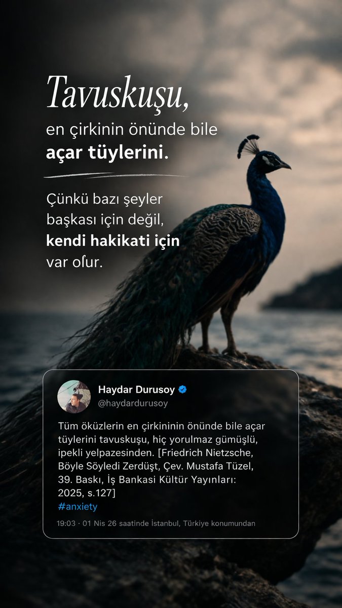 Tüm öküzlerin en çirkininin önünde bile açar tüylerini tavuskuşu, hiç yorulmaz gümüşlü, ipekli yelpazesinden. [Friedrich Nietzsche, Böyle Söyledi Zerdüşt, Çev. Mustafa Tüzel, 39. Baskı, iş Bankası Kültür Yayınları: 2025,s.127]
#anxiety