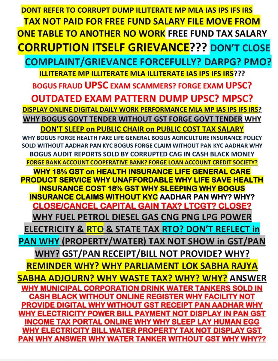 kjayeshb's tweet photo. @nsitharamanoffc @FinMinIndia @Gen_VKSingh @nsitharaman @PIB_India @PIBMizoram @MIB_India @MCA21India @DDIndialive @airnewsalerts @narendramodi @mygovindia @SecyDIPAM #GST #CORRUPT
#Illiterate #MLA #MP #Cash #Bribe
#RBI #BankScam #CABINET
#GovtBogusTender #TaxLoot @PMOIndia #ignor @rashtrapatibhvn @DFS_India @minmsme @CimGOI
@RBI @VPIndia
@dir_ed
@FinMinIndia
@GST_Council
@DARPG_GoI @PrinSciAdvoff
@ECISVEEP https://t.co/Z3GJyUBxqG