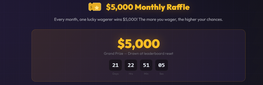 $5,000 MONTHLY RAFFLE

One lucky winner will go home with $5,000 each month

Use code SNUTZY on <a href="/shufflecom/">Shuffle.com</a>  and start earning tickets automatically

💰 Every $100 wagered = 1 ticket
📈 More tickets = higher chance to win

👉 Sign up snutzy.gg/signup