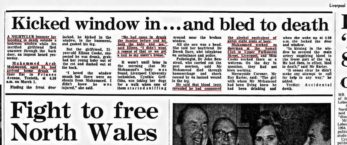 LtKhalifa's tweet photo. In 1970, a Somali social club in Liverpool was prosecuted for selling alcohol without a licence.

Interestingly, the club’s long serving doorman died in troubling circumstances. Returning home drunk, the 34-year-old doorman kicked the window attempting to force entry, and sustained a leg gash from which he later bled to death. 

His 21 year old partner had locked the door because he had beaten her and the baby previously on the weekend. Autopsy revealed that the doorman had the equivalent of 8 pints of beer in his blood.