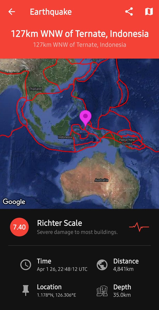 jacobwoning's tweet photo. A magnitude 7.4 earthquake has just struck in Indonesia. A #Tsunami threat has been issued. https://t.co/vLHvgKCmMK