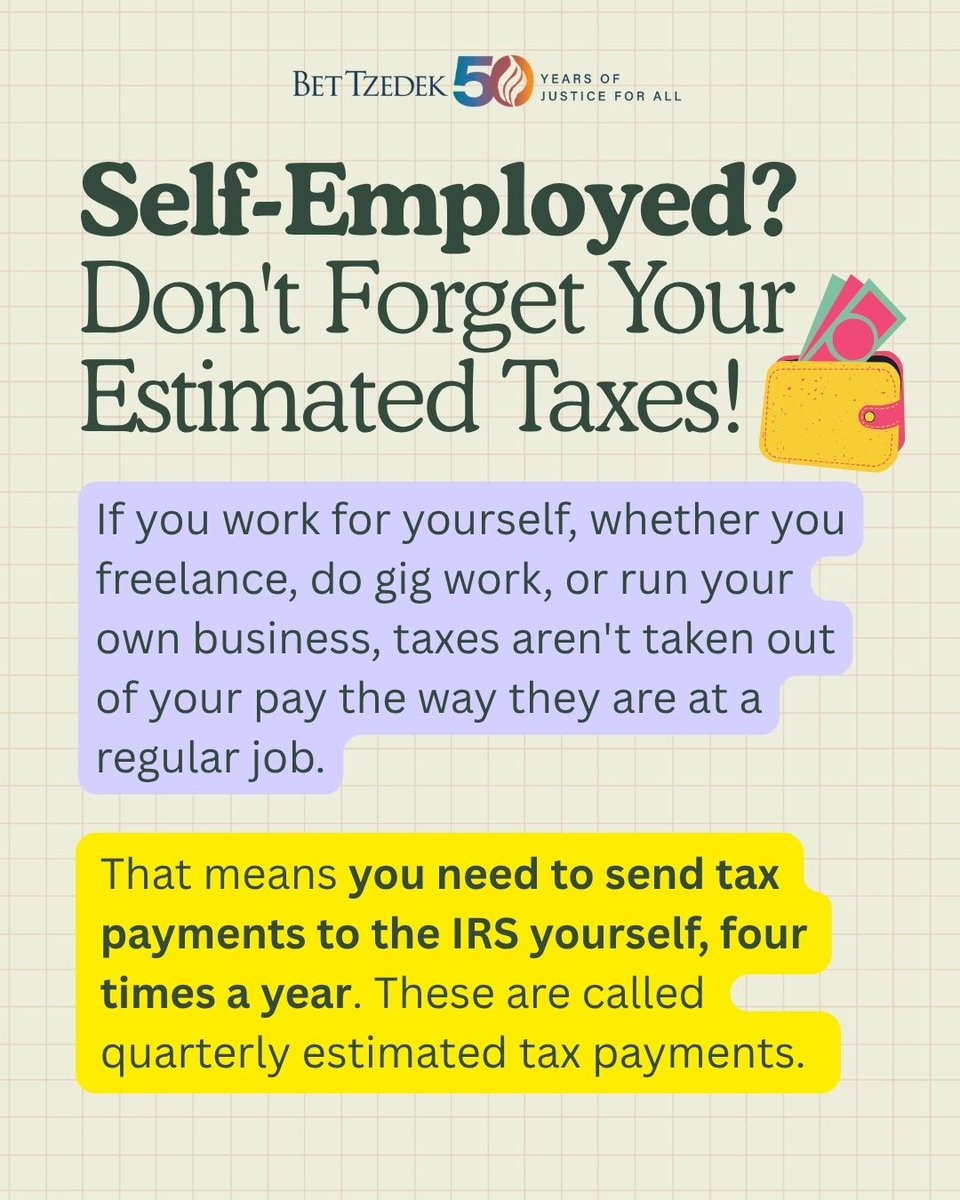 BetTzedek's tweet image. Self-Employed? Don't Forget Your Estimated Taxes! See our slides for more information and share this resource with your network.

View all of our taxes resources here: bettzedek.org/tax-season-res…

#taxseason #taxhelp #taxtips #estimatedtaxes #freelancetaxes #independentcontractor