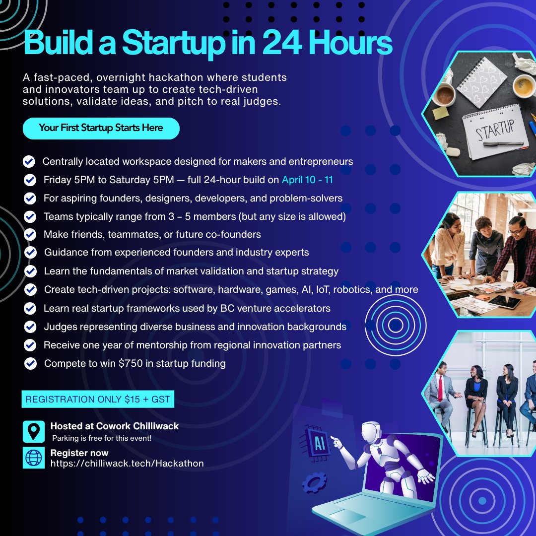 Zynim_Inc's tweet photo. Turn curiosity into creation💡

Join an overnight Startup Hackathon at Cowork Chilliwack and spend 24 hours building, learning, and collaborating. Open to business, UX &amp; tech students and anyone 18+. Mentors, demos, and prizes included! Register now: https://t.co/OOSFQYJmWw https://t.co/0wq7i8a0D8