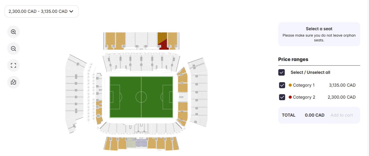 先ほど購入ページを確認してみると、トロントの会場の場合、6月12日（金）Canada VS Bosnia and Herzegovina 戦のチケットしか残っておらず、 2,300.00 CAD が最安でした。