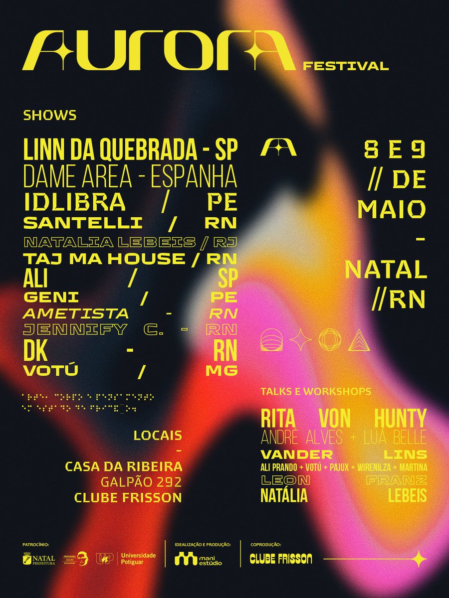 Dias 8 e 9 de maio, a Ribeira recebe pela primeira vez o Festival Aurora, um encontro que atravessa música, arte e dissidência, com atrações nacionais e internacionais.

Natal entra na rota de um novo movimento. Mais que um festival, um espaço de criação, troca e existência LGBT+