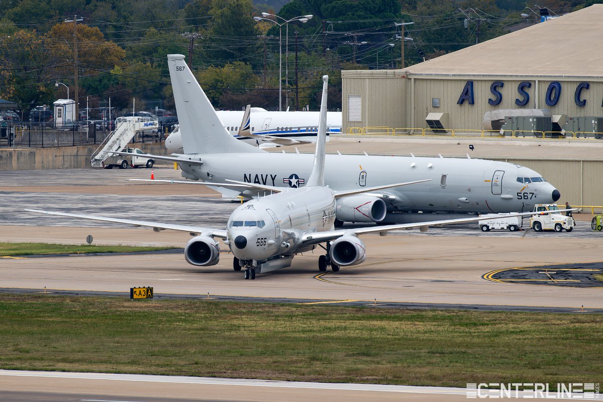 CenterlineIMGs's tweet image. Just another day at BUPERS SDC Dallas! SHINR51 taxis out at Love Field while another P-8 in the background is prepped for departure. Both Poseidon's carry Raytheon's Advanced Airborne Sensor (AAS) under the belly. Photo from November 2022. 

#Aviation #AviationPhotography