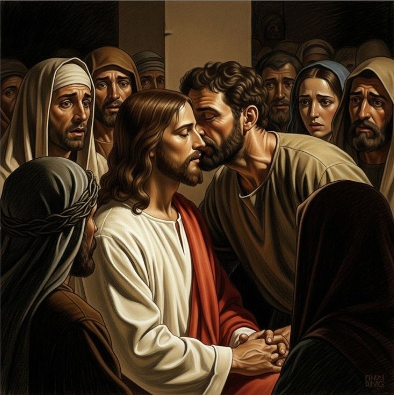 sandramoraes03's tweet image. 🌙😔- A traição de Jesus por Judas Iscariotes, selada com um beijo.

Mateus 26:49 📖
🫴- "E, aproximando-se logo de Jesus, disse: Salve, Rabi! E o beijou."

Mateus 26:24 📖
🫴- Jesus disse : "Contudo, ai daquele que trair o Filho do Homem! Seria melhor que nunca tivesse nascido!"